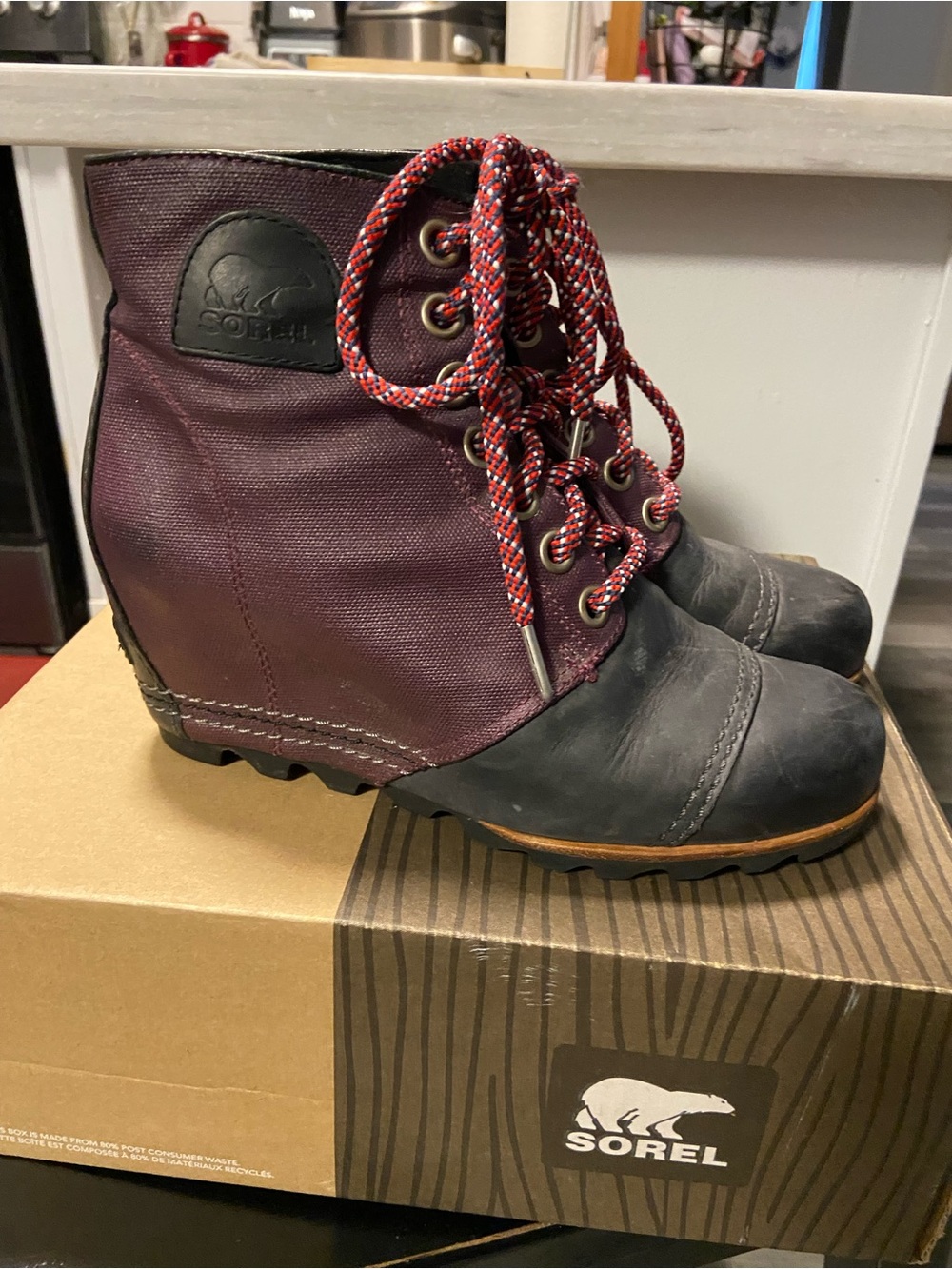 Sorel Lace-Up Wedge Boots in Black and Purple